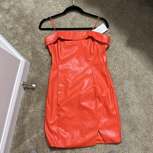 Orange pleather dress with slit